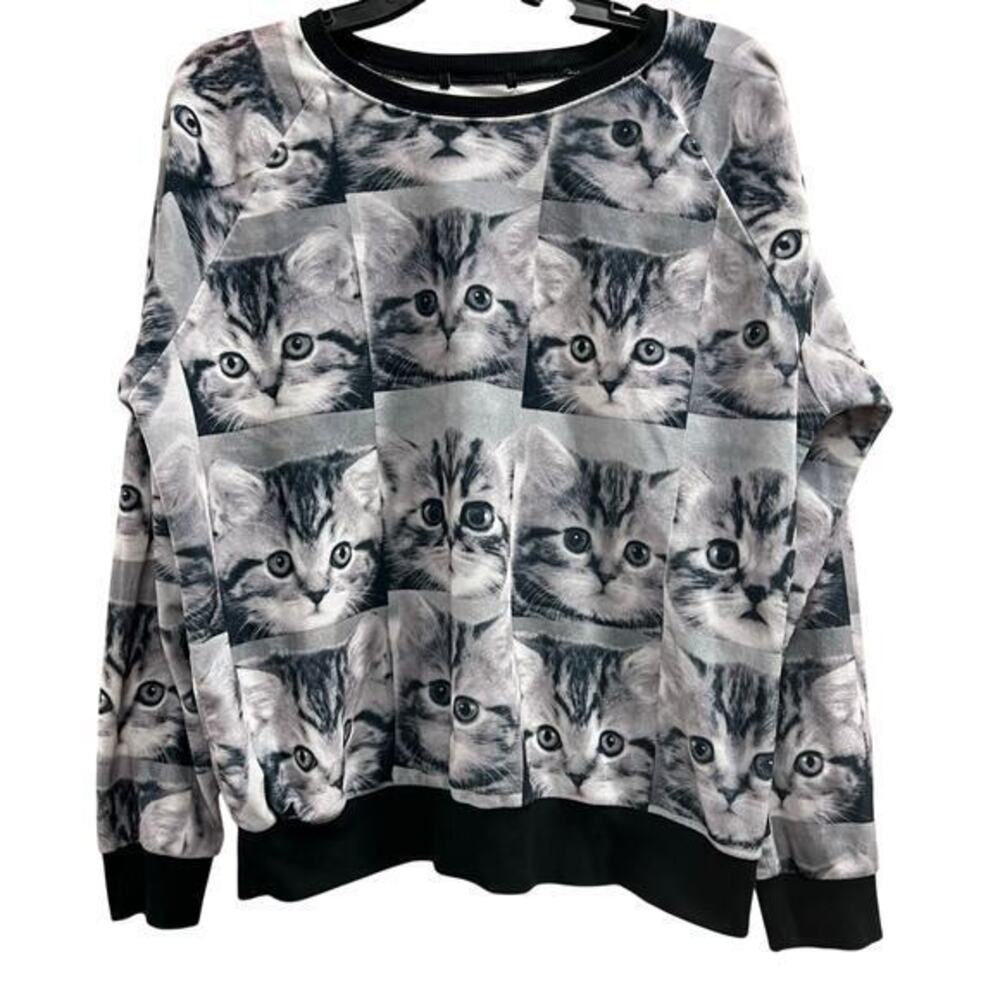 Unbranded Ugly quirky graycat kitty all over print sweatshirt plus sz XXL